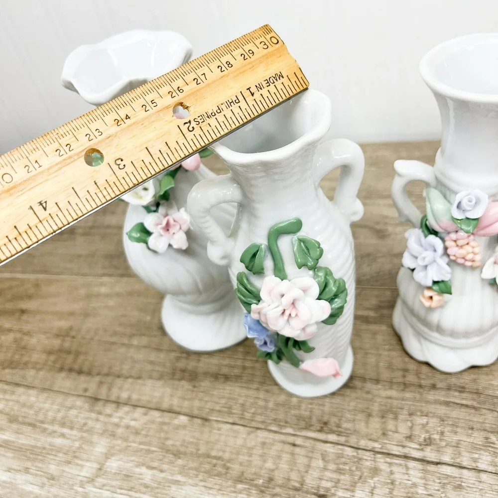 Vintage White Porcelain Miniature Bud Vases Set of 3 Applied 3D Floral Accents